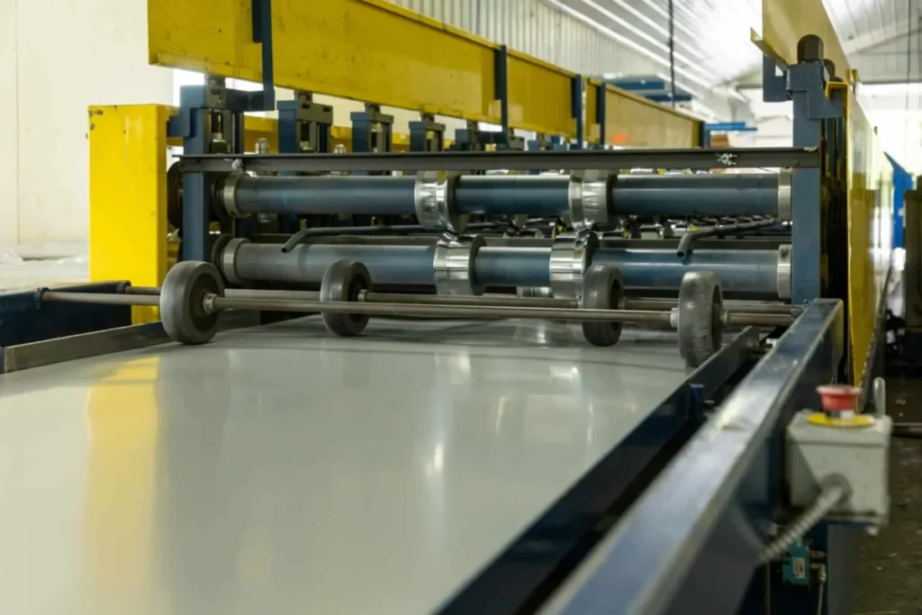 A smooth white-coated metal sheet passes through a multi-roller industrial roll forming machine with blue steel frames and yellow support structures inside a manufacturing facility.