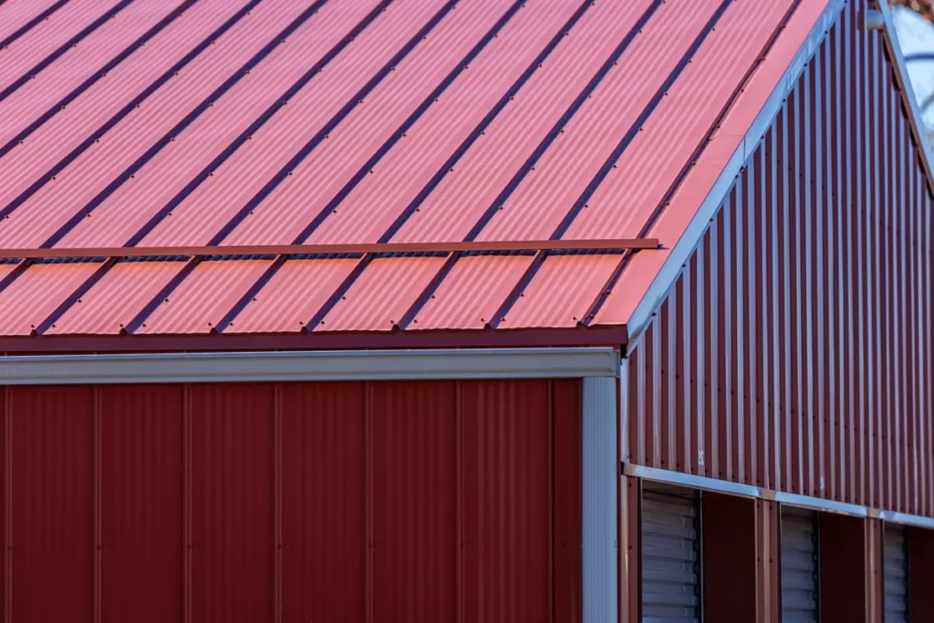 Close-up exterior view of a red corrugated metal pole barn showing a steeply pitched roof with standing seam panels, screwed fasteners, and matching vertical metal siding with white trim details.