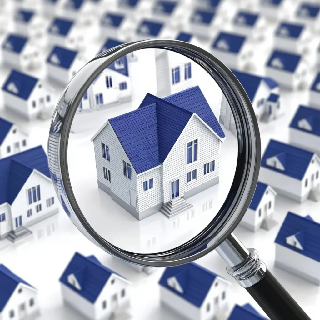 A chrome magnifying glass zooms in on a white miniature house model with a blue roof, surrounded by multiple identical blurred house models on a white surface.