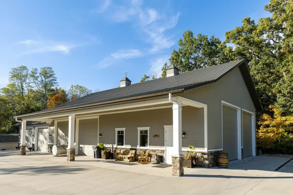 A large tan pole barn building with a dark metal roof, white trim columns, covered front porch, three garage doors, stone accent pillars, and a wooden barrel, surrounded by mature trees on a sunny day.