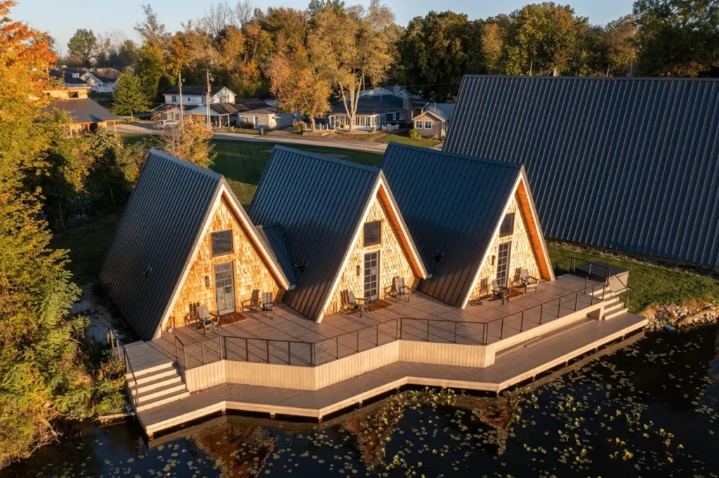 Aerial view of three A-frame cabins clad in cedar shingles with dark charcoal standing seam metal roofs, situated on a shared wooden deck boardwalk along a calm waterway surrounded by autumn foliage.