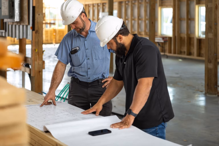 Two construction workers in hard hats review blueprints on a table at an active job site with exposed framing visible in the background.