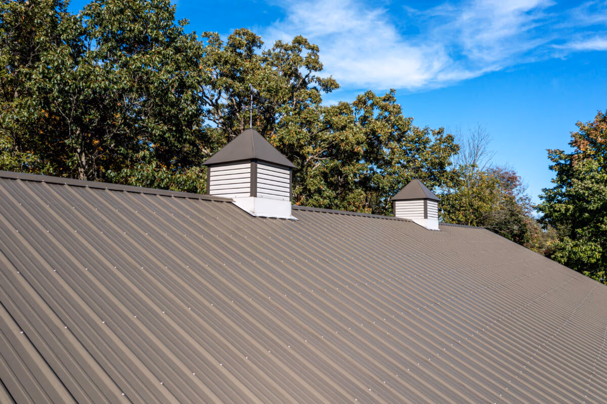 Gray metal roof with two white cupola vents among surrounding trees