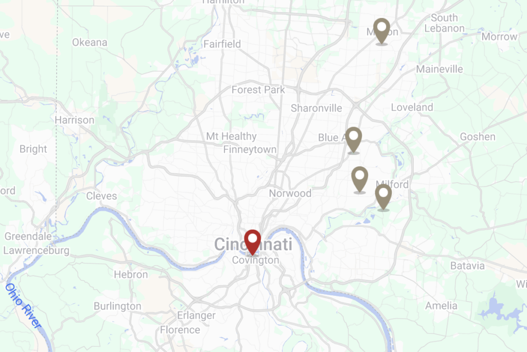Map showing Buckeye Metal Sales service area in the greater Cincinnati region with location markers