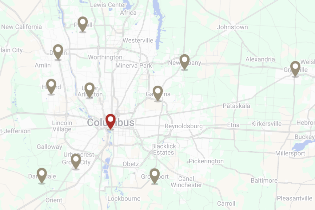 Map of central Ohio showing Buckeye Metal Sales service locations marked with pins around Columbus