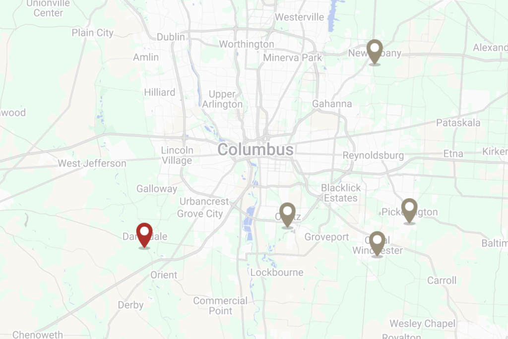 Map of central Ohio showing Buckeye Metal Sales locations marked with pins around Columbus and surrounding communities