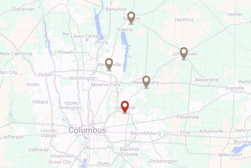 Map of Columbus and surrounding areas with location pins marking Buckeye Metal Sales service territory.