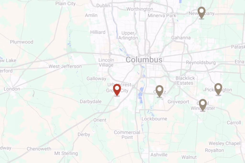 Map of central Ohio showing Buckeye Metal Sales service area with location markers around Columbus and Grove City