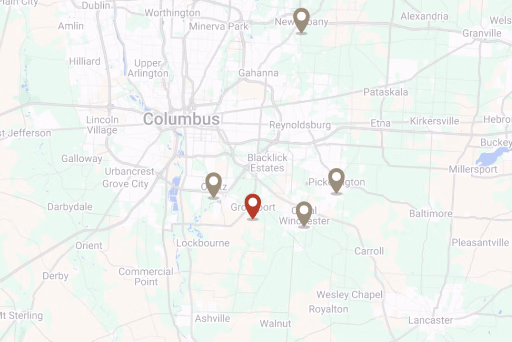 Map of central Ohio showing Buckeye Metal Sales service locations marked by pins around Columbus and nearby areas including Groveport.