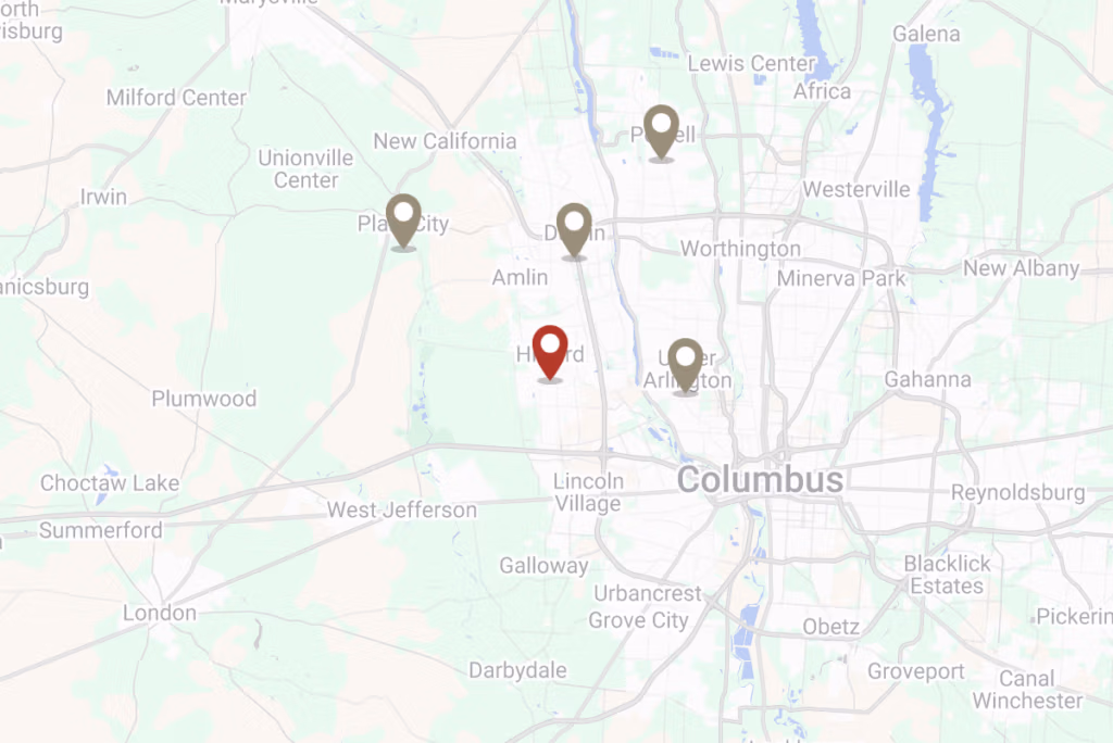 Map of central Ohio showing Buckeye Metal Sales service locations around Hilliard and Columbus