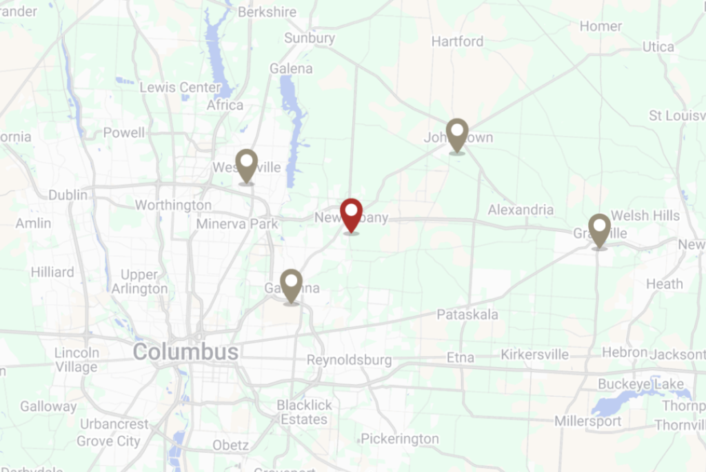 Map of central Ohio showing Buckeye Metal Sales service locations with red and tan markers around the Columbus and New Albany region