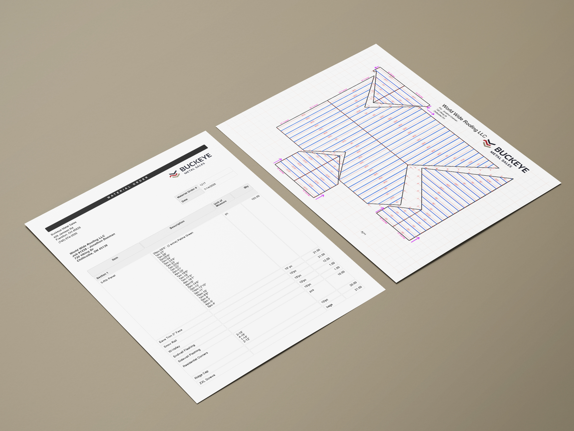 Printed sheets showing roofing takeoff documents and measurement diagrams for construction estimates