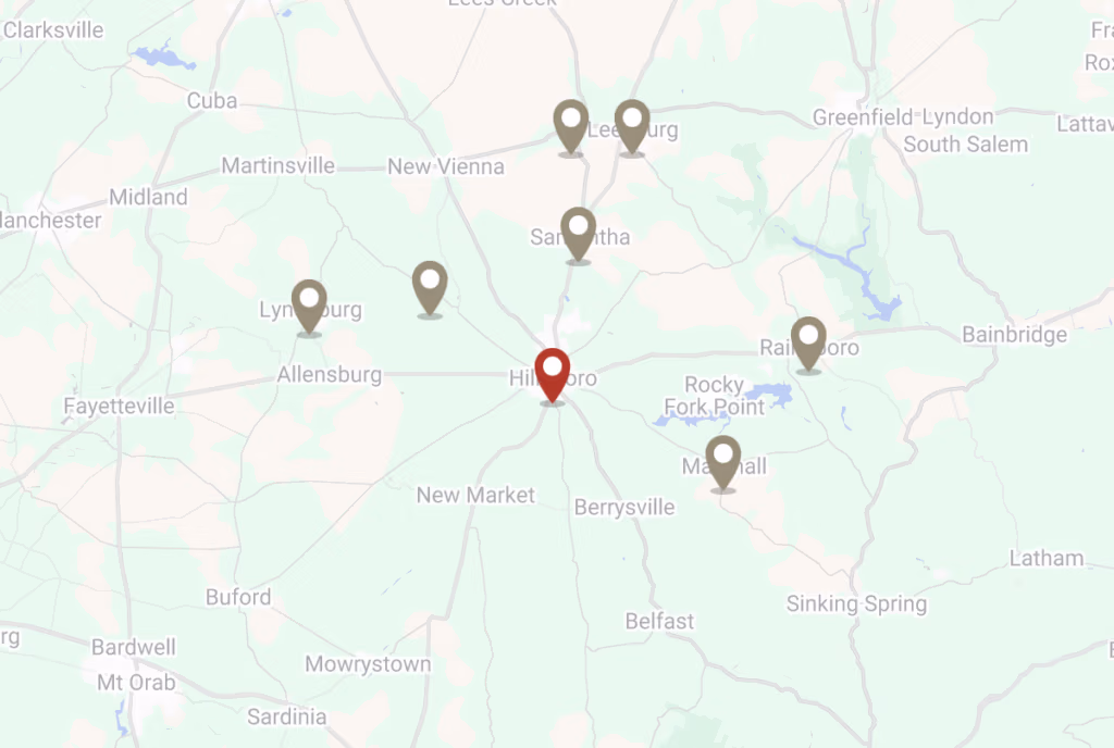 Map of soutwest Ohio showing Buckeye Metal Sales service locations with red and tan markers in Hillsboro area