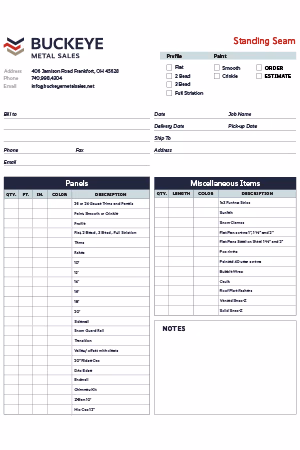 Order form preview for Standing Seam